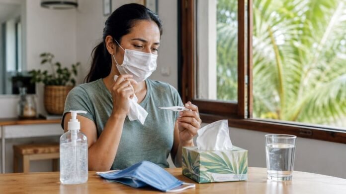 4bd8d9d1-b95f-4e1a-a37f-0343704e06a5 Mulher de máscara verifica a temperatura em casa com álcool em gel e itens de prevenção sobre a mesa
