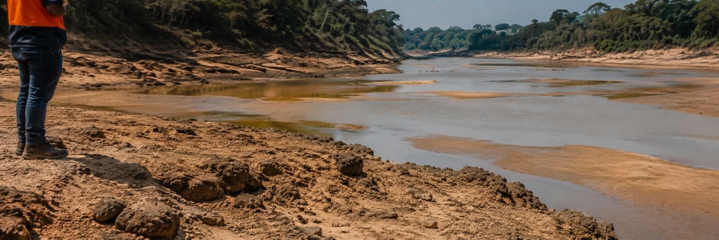 Margem exposta do rio Madeira em Porto Velho durante período de seca, com observação técnica no local
