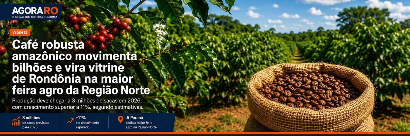 Café robusta amazônico em lavoura de Rondônia com grãos e sacas em destaque