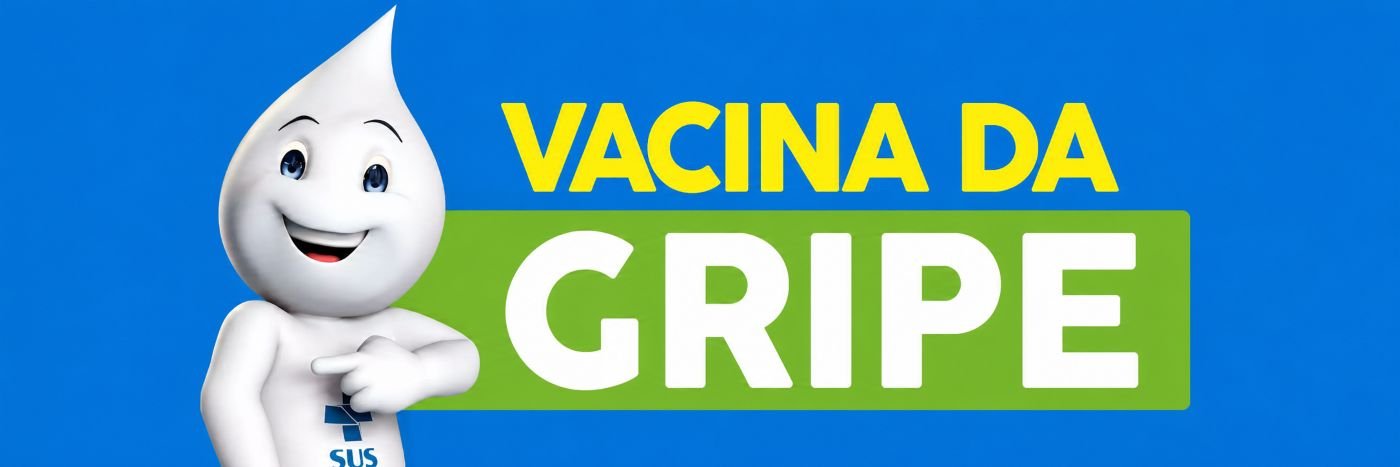 Arte da campanha Vacina da Gripe com personagem do SUS em fundo azul