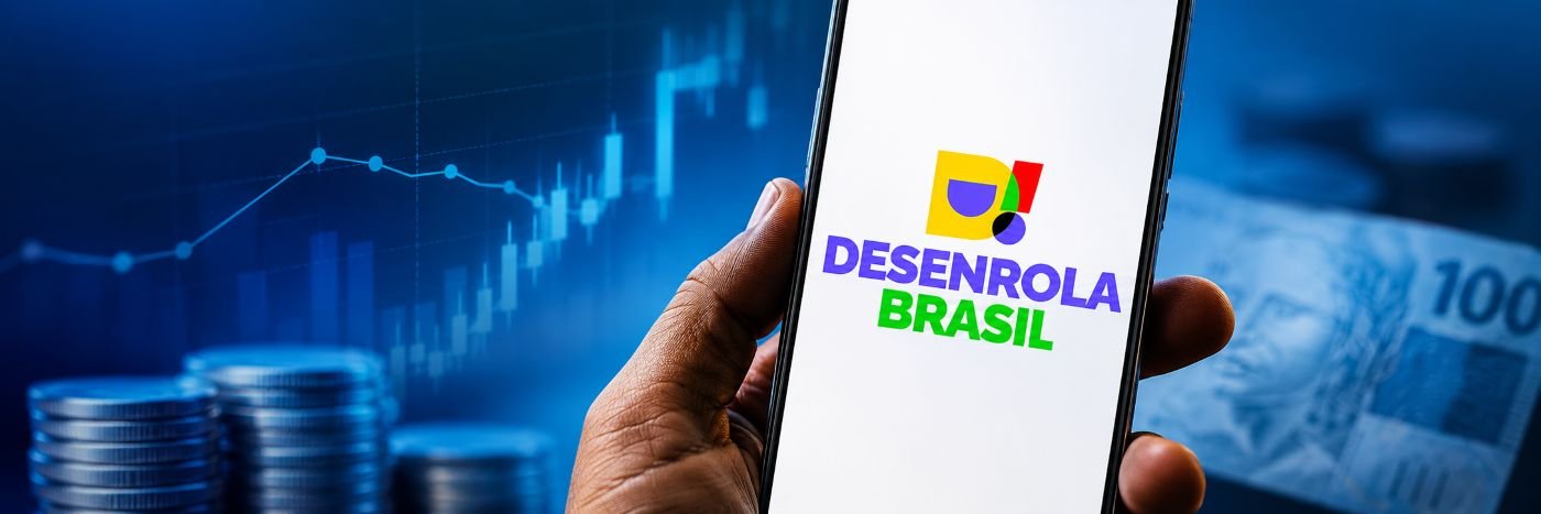 Celular com logo do Desenrola Brasil em composição digital sobre economia, dinheiro e renegociação de dívidas