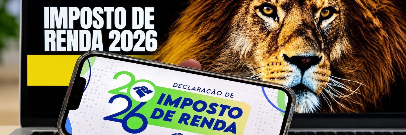 Banner mostra celular com tela do Imposto de Renda 2026 e leão da Receita Federal ao fundo