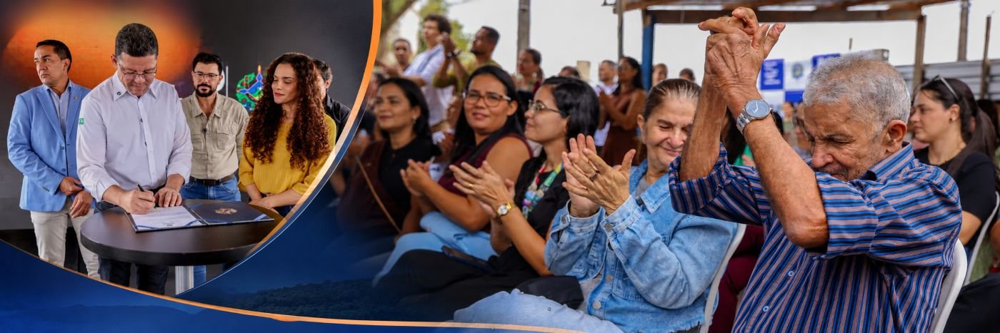 Montagem mostra assinatura oficial e momento de aplausos durante evento do Lar do Idoso em Porto Velho