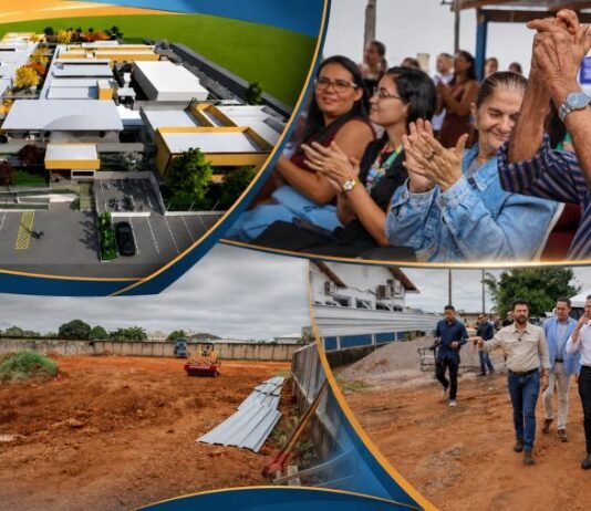 Lar do Idoso em Porto Velho terá obra de R$ 13 milhões e 80 vagas Montagem mostra projeto do Lar do Idoso em Porto Velho, idosos em evento e área de obra em Rondônia