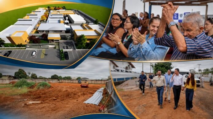 Montagem mostra projeto do Lar do Idoso em Porto Velho, idosos em evento e área de obra em Rondônia