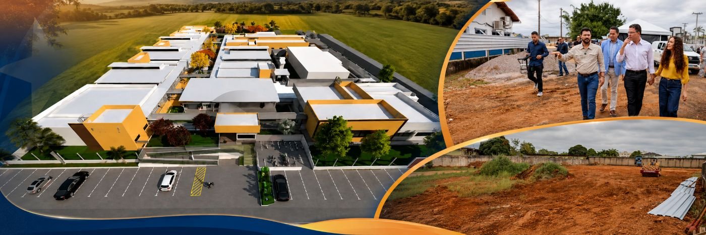 Montagem mostra projeto arquitetônico, visita técnica e área de obra do Lar do Idoso em Porto Velho