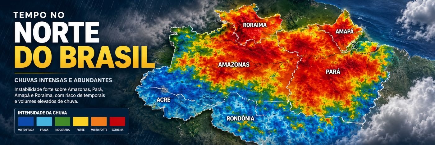 Mapa da Região Norte mostra previsão de chuva intensa em parte do Amazonas, Pará, Amapá e Roraima