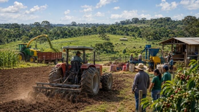 Mecanização agrícola em Rondônia com máquinas no campo apoiando produtores rurais