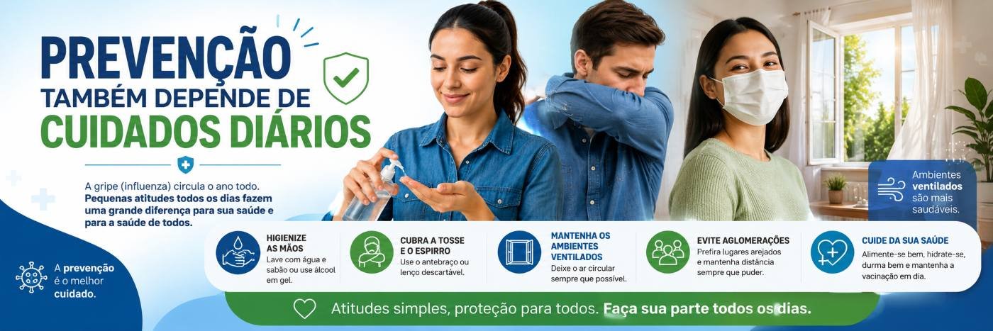 Banner sobre prevenção diária contra gripe com orientações de higiene das mãos, etiqueta respiratória, ambientes ventilados e cuidados com a saúde