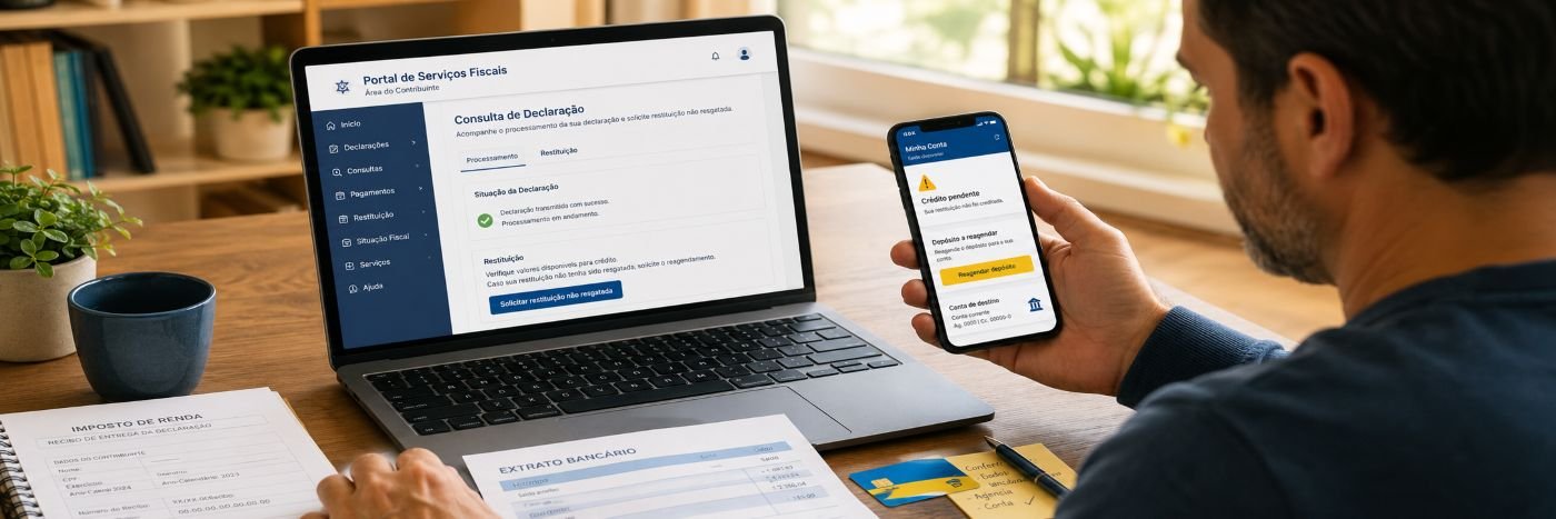 Contribuinte consulta no computador e no celular como reagendar a restituição do Imposto de Renda não creditada