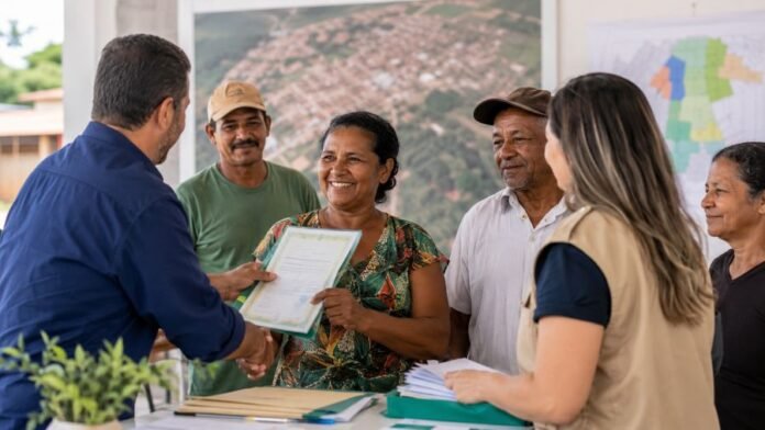 Moradores recebem certidão durante ação de regularização fundiária em Cacaulândia