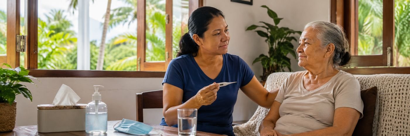 Mulher acompanha idosa em casa com termômetro e itens de prevenção durante cuidados com sintomas respiratórios