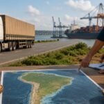 Rondônia discute rota pelo Peru para ampliar saída da produção rural Mapa da América do Sul sobre mesa com grãos, caminhão e porto ao fundo representando a rota pelo Peru para o agro de Rondônia