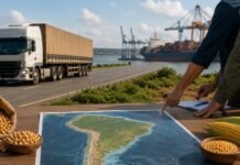 Rondônia discute rota pelo Peru para ampliar saída da produção rural Mapa da América do Sul sobre mesa com grãos, caminhão e porto ao fundo representando a rota pelo Peru para o agro de Rondônia