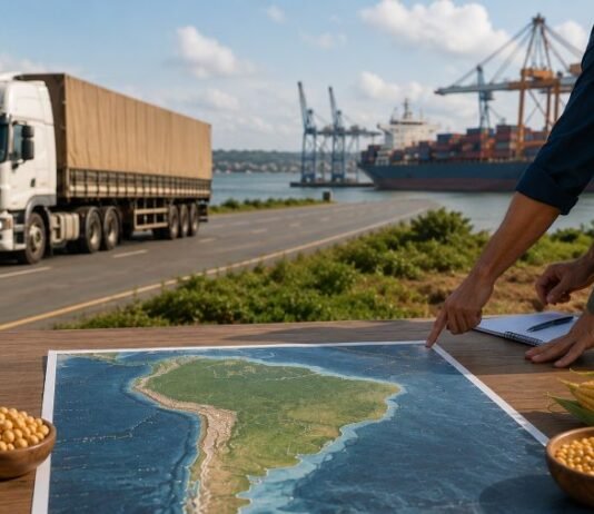 Rondônia discute rota pelo Peru para ampliar saída da produção rural Mapa da América do Sul sobre mesa com grãos, caminhão e porto ao fundo representando a rota pelo Peru para o agro de Rondônia