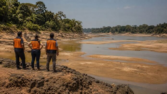 Seca em Porto Velho mostra rio Madeira com margem exposta durante monitoramento da Defesa Civil