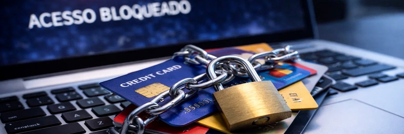 Cartões bancários presos por corrente e cadeado em matéria sobre bloqueio judicial de contas