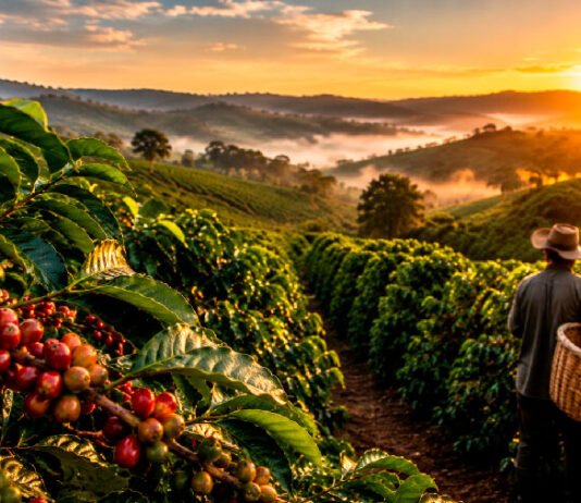 Café de Rondônia ganha força e safra pode chegar a 2,7 milhões de sacas Lavoura de café em Rondônia durante safra de 2026