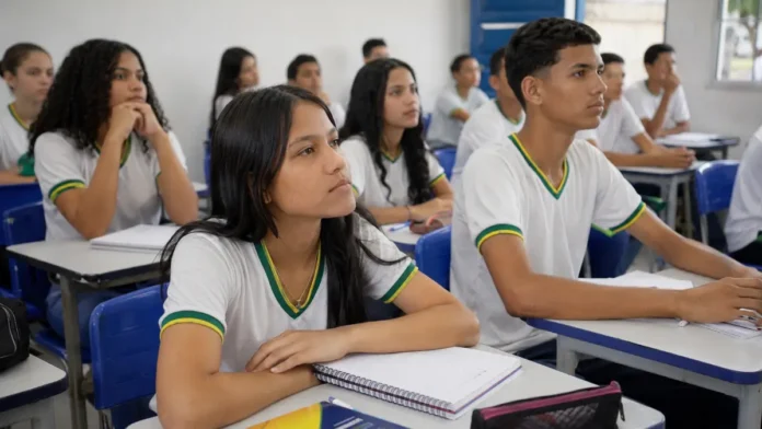 Estudantes do ensino médio acompanham aula em sala de escola pública, representando a queda do abandono escolar em Rondônia.