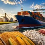 Agro brasileiro ganha força no exterior e movimenta US$ 16 bilhões Navio cargueiro em porto agrícola com soja, milho, algodão e carnes representando as exportações do agro brasileiro