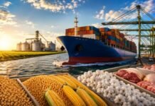 Agro brasileiro ganha força no exterior e movimenta US$ 16 bilhões Navio cargueiro em porto agrícola com soja, milho, algodão e carnes representando as exportações do agro brasileiro