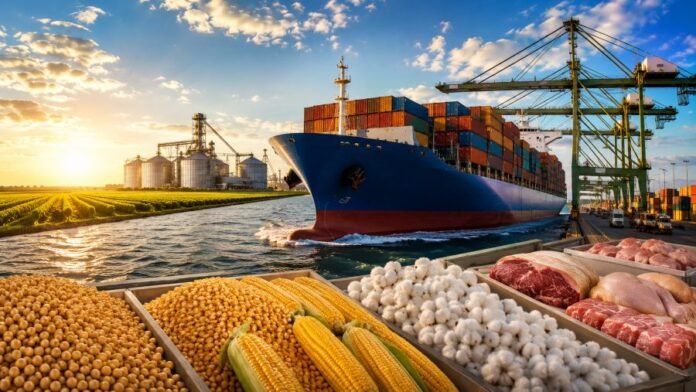 Navio cargueiro em porto agrícola com soja, milho, algodão e carnes representando as exportações do agro brasileiro