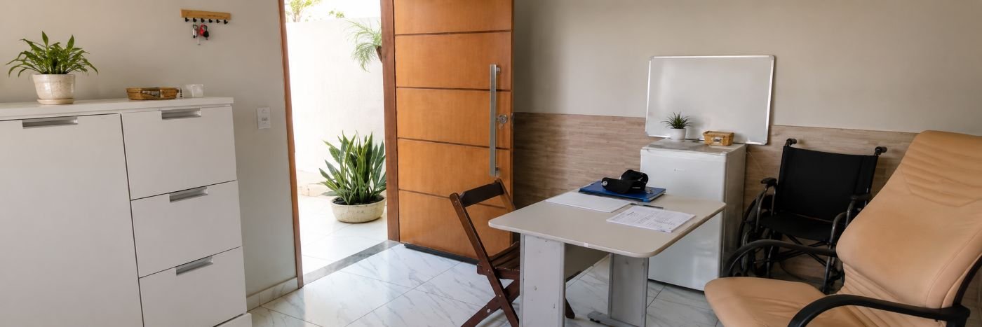 Sala simples e iluminada com mesa, cadeiras, plantas e porta aberta, representando ambiente de apoio em residência terapêutica.