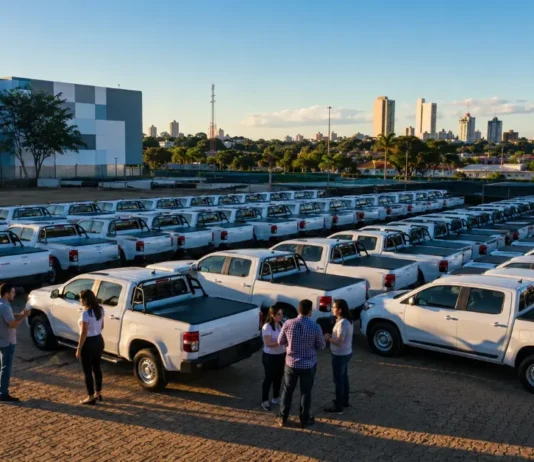 Rondônia entrega veículos e kits tecnológicos para reforçar assistência social nos municípios Frota de veículos organizada em pátio institucional, representando reforço ao atendimento socioassistencial em Rondônia.