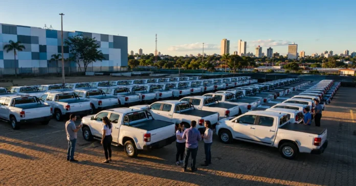 Atendimento socioassistencial em Rondônia Frota de veículos organizada em pátio institucional, representando reforço ao atendimento socioassistencial em Rondônia.