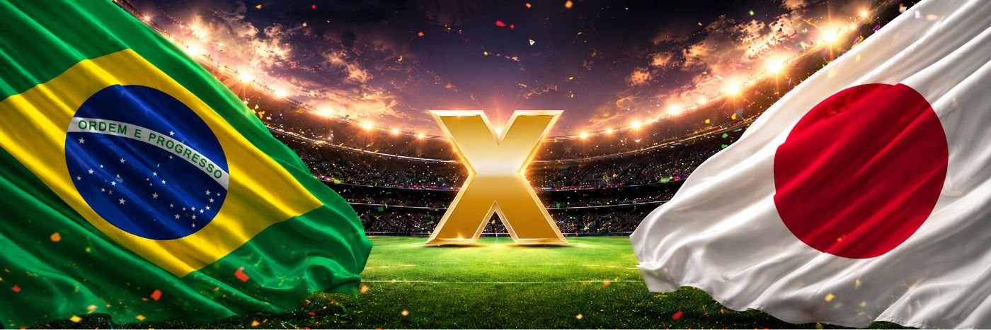 Bandeiras do Brasil e do Japão em estádio iluminado representam confronto da Seleção Brasileira na Copa.