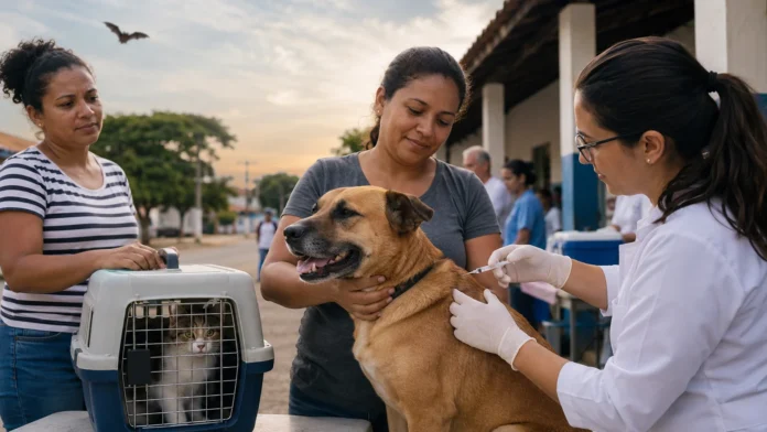 Cão e gato em ambiente veterinário representam vacinação contra raiva em Cacoal após alerta sanitário