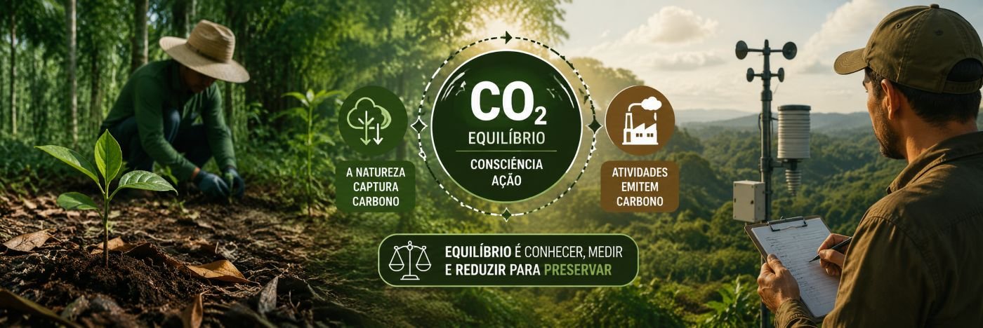 Arte em faixa mostra muda em solo agroflorestal, trabalhador rural e pesquisador fazendo monitoramento ambiental, representando captura de carbono com equilíbrio.