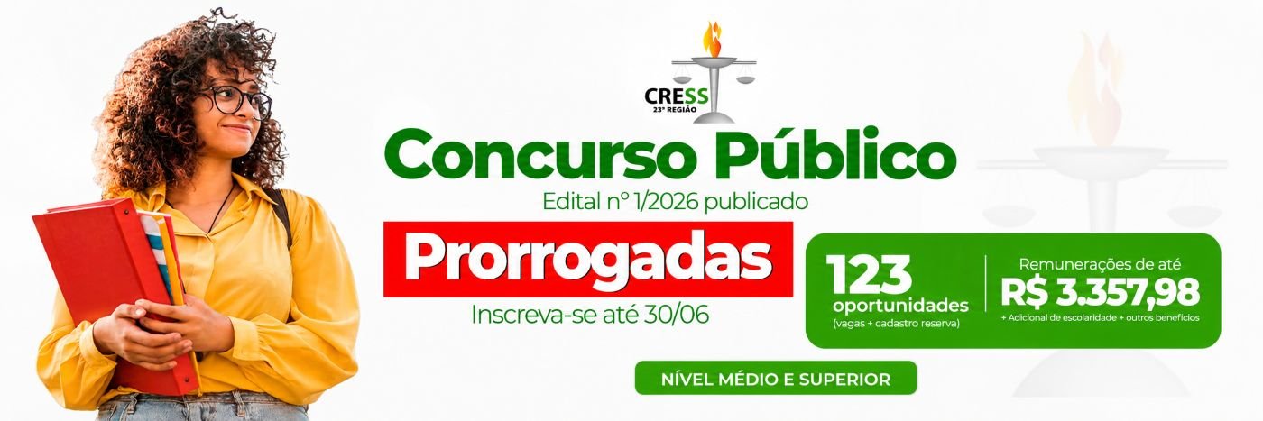 Arte em formato faixa informa que o concurso CRESS-RO teve inscrições prorrogadas até 30 de junho, com oportunidades para níveis médio e superior.