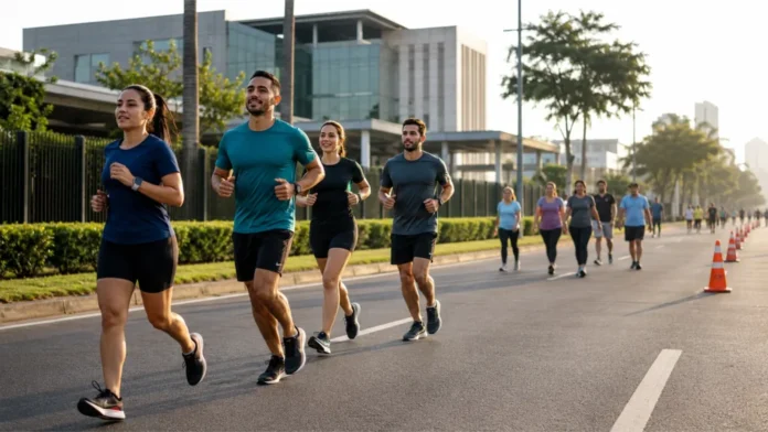 Corredores e caminhantes participam de evento esportivo urbano ligado à Corrida do Judiciário em Rondônia.