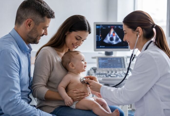 Criança em atendimento pediátrico para avaliação de cardiopatia congênita