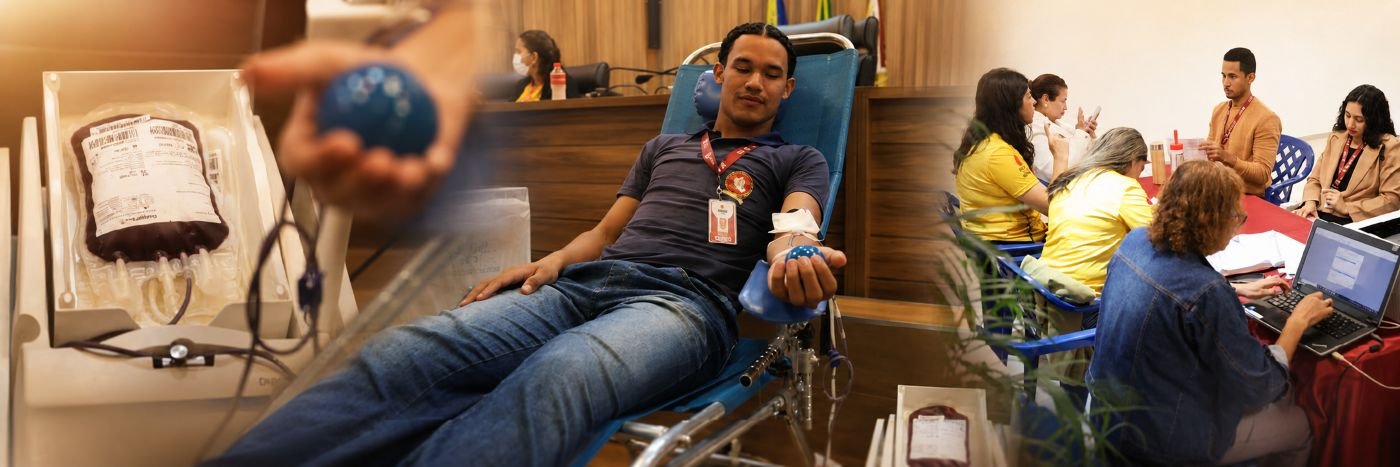 Montagem em faixa mostra doador, bolsa de sangue e atendimento de voluntários durante campanha de doação de sangue MPRO.