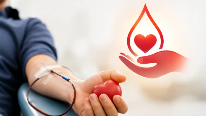 Pessoa realiza doação de sangue segurando coração vermelho em ambiente clínico iluminado