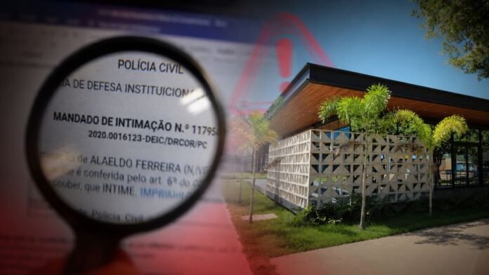 Composição jornalística mostra documento ampliado por lupa e prédio institucional em alerta sobre golpe da falsa decisão judicial em Rondônia