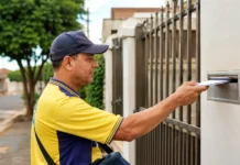 Ji-Paraná inicia entrega dos boletos do IPTU 2026 com desconto na cota única Carteiro entrega correspondência em residência urbana, representando a entrega dos boletos do IPTU 2026 em Ji-Paraná.