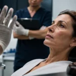 Justiça proíbe dentista de realizar cirurgias plásticas em Rondônia Paciente em ambiente clínico com marcações no rosto e gesto de interrupção, representando proibição judicial de cirurgias plásticas.