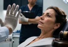 Justiça proíbe dentista de realizar cirurgias plásticas em Rondônia Paciente em ambiente clínico com marcações no rosto e gesto de interrupção, representando proibição judicial de cirurgias plásticas.