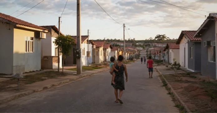 Minha Casa Minha Vida em Cacoal Rua com casas populares organizadas e família caminhando, representando inscrições para o Minha Casa Minha Vida em Cacoal.