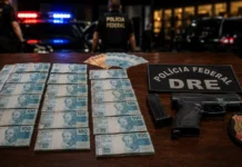 PF faz operação contra grupo ligado a quase duas toneladas de drogas Dinheiro apreendido, arma, distintivo e identificação da Polícia Federal em operação contra tráfico interestadual de drogas