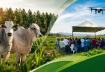 Dia de Campo apresenta soluções para fortalecer pecuária sustentável Produtores rurais participam de Dia de Campo ao lado de gado em área de pastagem com tecnologia aplicada à pecuária sustentável