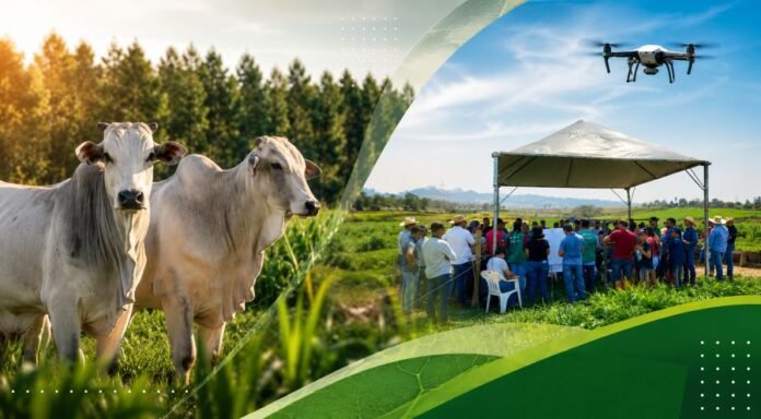 Produtores rurais participam de Dia de Campo ao lado de gado em área de pastagem com tecnologia aplicada à pecuária sustentável