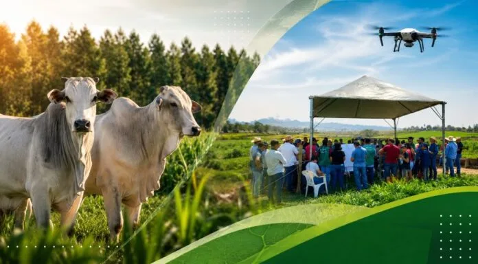 Produtores rurais participam de Dia de Campo ao lado de gado em área de pastagem com tecnologia aplicada à pecuária sustentável