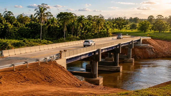 Ponte RO-495 sobre o Rio Pimenta Bueno aparece com veículos em tráfego, representando a liberação da travessia em Chupinguaia.