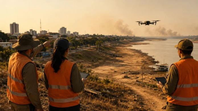 Equipes monitoram rio baixo e fumaça ao fundo em Porto Velho durante plano de prevenção contra o Super El Niño