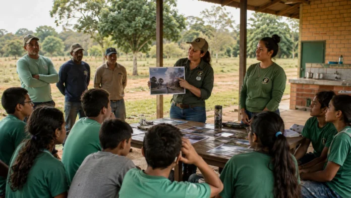 Educadores ambientais orientam estudantes e moradores sobre prevenção às queimadas em Rondônia durante atividade educativa em área rural.