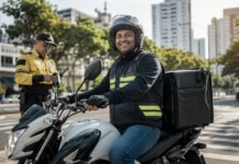 Novas regras para mototaxistas entram em vigor em Rondônia Motociclista profissional com capacete e mochila de entrega aparece em rua urbana, representando novas regras para mototaxistas em Rondônia.